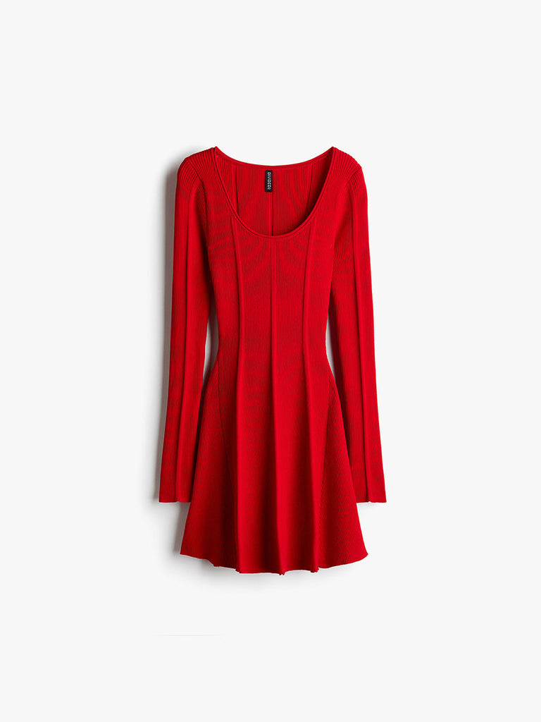 Flared Skirt Rib Knit Mini Dress