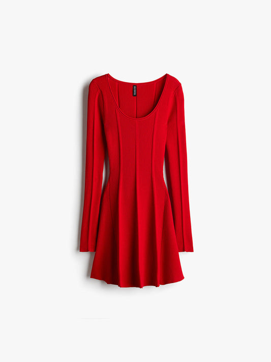 Flared Skirt Rib Knit Mini Dress