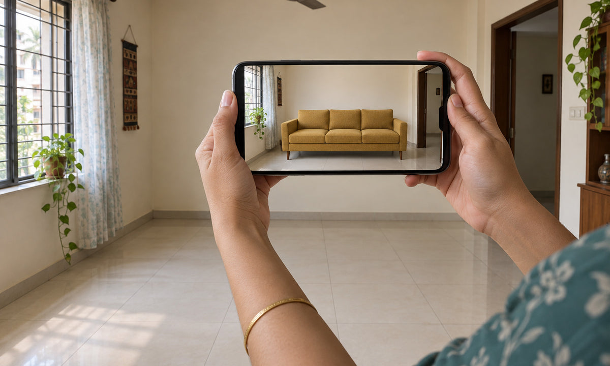 Room View — a sofa placed in your own room on your phone