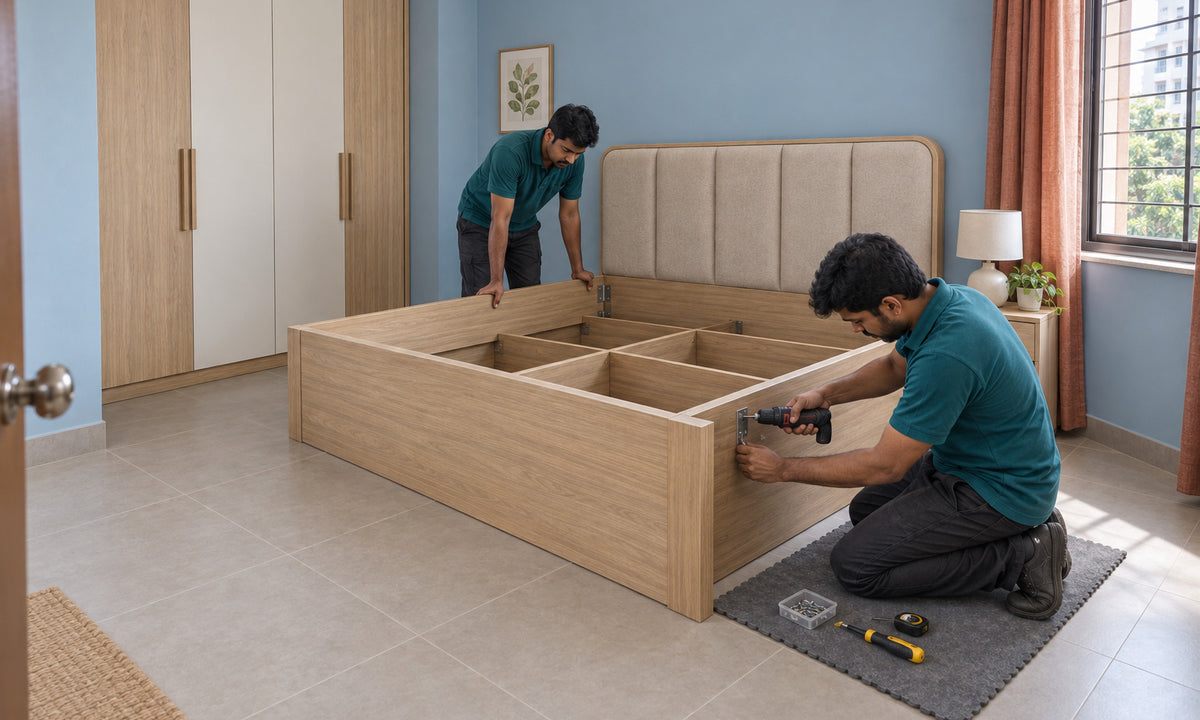 Woodbun team assembling a bed in a customer's bedroom
